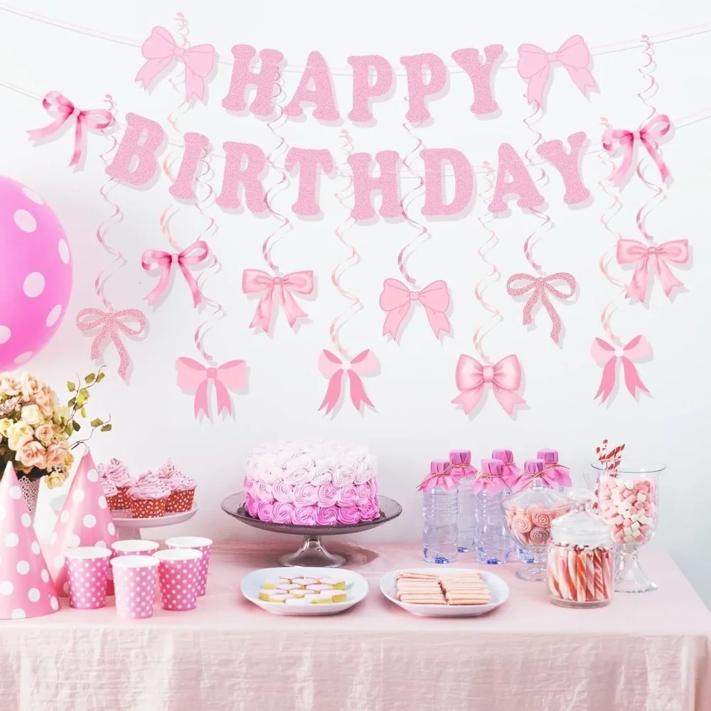 Schleifen-Thema Happy Birthday Banner Papier-Szenerie Dekoration Hängende Girlande Rosa Schwarz Blau Spiralförmiges Schleifenmuster Ballons – Detail 2