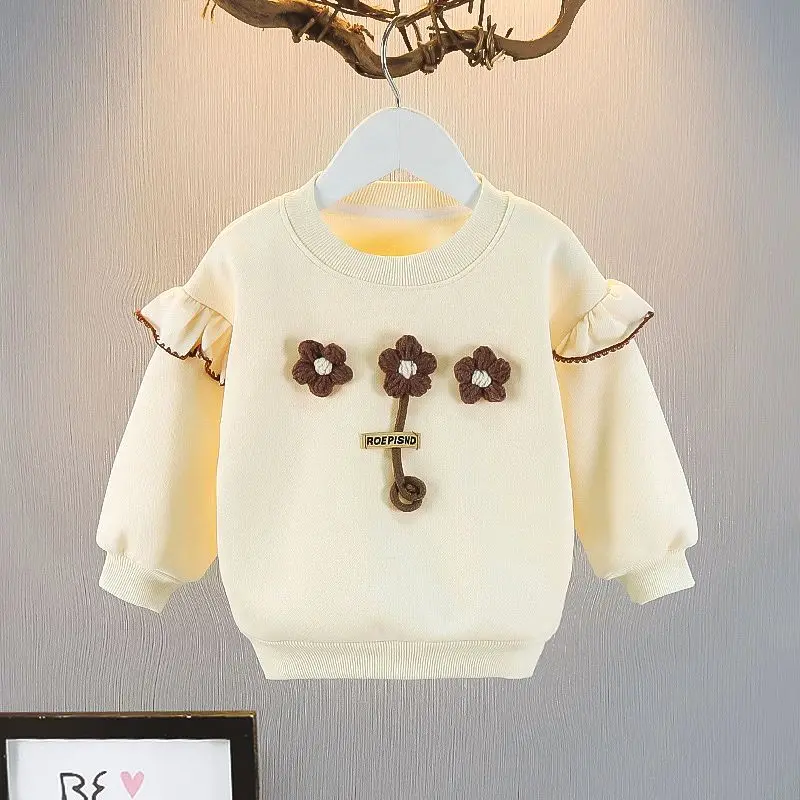 

Autumn Winter Flower Plus Velvet Round Neck Girls' Pullover Long Sleeve Sweatshirts Fashion Children's Clothing Sweet Kids Tops
