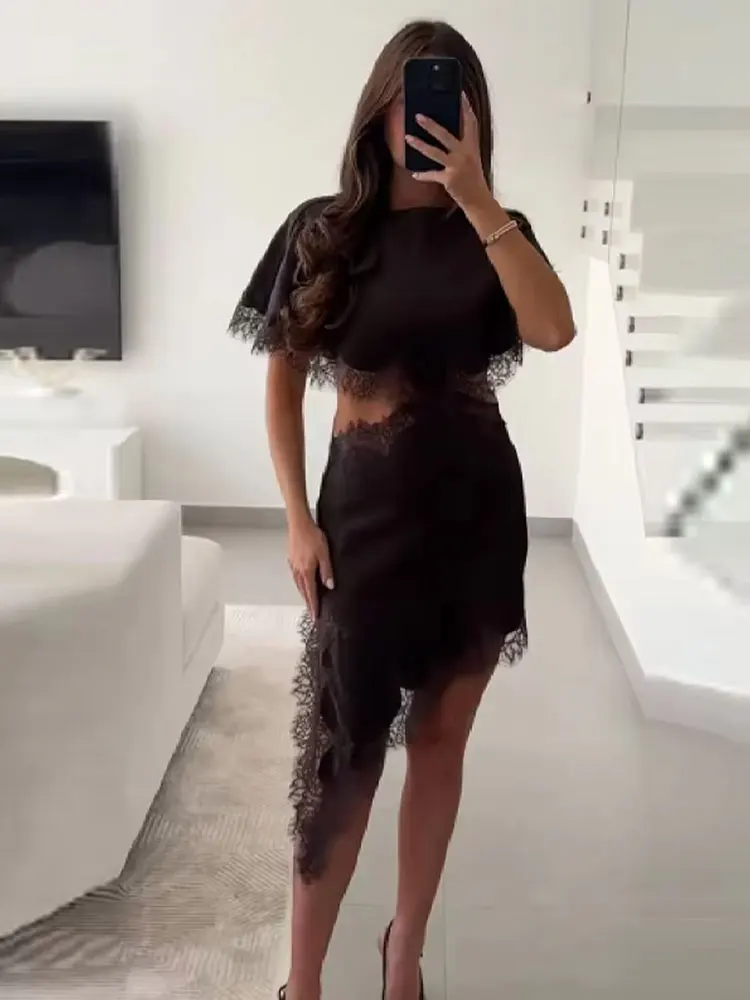 HH Women Fashion Exposed Waist Dress O Neck Sleeveless Asymmetrical Lace Dresses Elegant Woman Evening Club Party Mini Dress