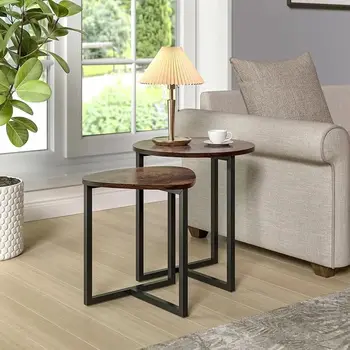 Brown Round and Triangular Wooden Tabletop Nesting Side Table Set Modern Coffee Table Bedside Table