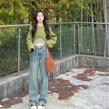 긴 여자 리버스 포켓 디자인 스트레이트 청바지 여성용, 느슨한 하이 웨이스트 와이드 레그 걸레질 바지 170