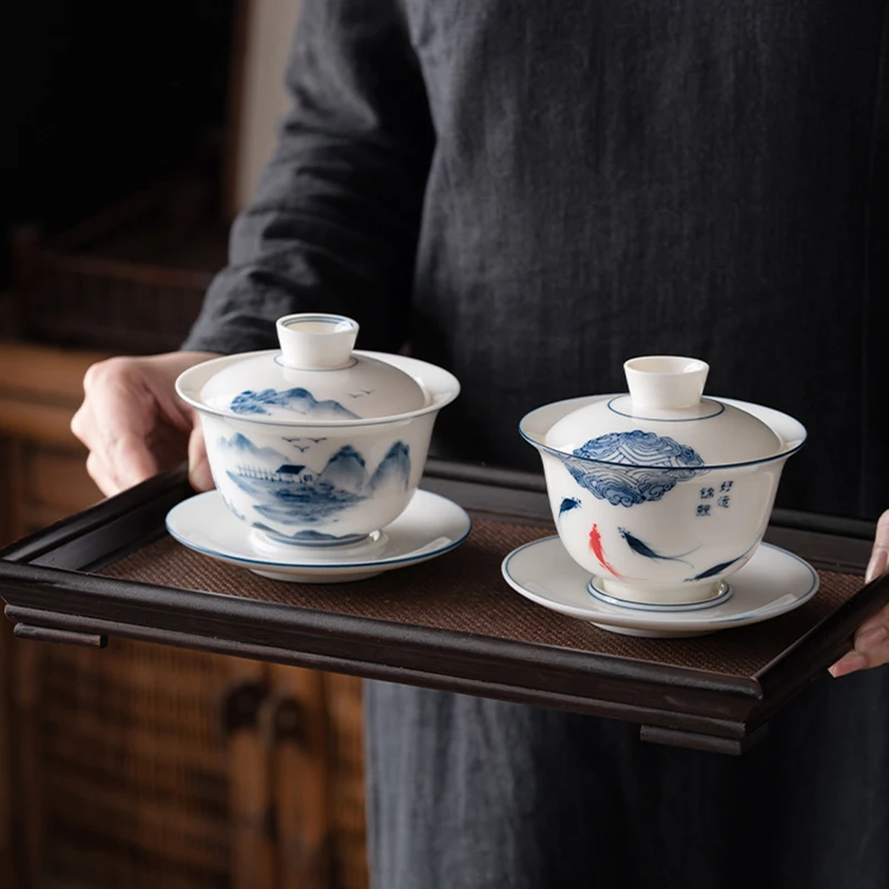 Large Capacity Hand-painted Jade Porcelain Gaiwan Kungfu Tea Making Bowl Hover Cover Bowl Multiple Options Available