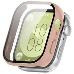 Premium All-Around HD Glass + Protective Case for Huawei Watch Fit 3 - Anti-Scratch Bumper Cover (Pink sand)