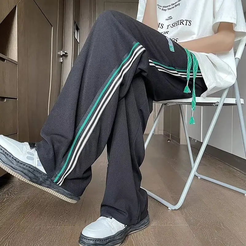 Summer New Men's Fashionable Trousers Casual Elastic Drawstring Pockets Striped Drooping Sensation Straight Wide Leg Pants
