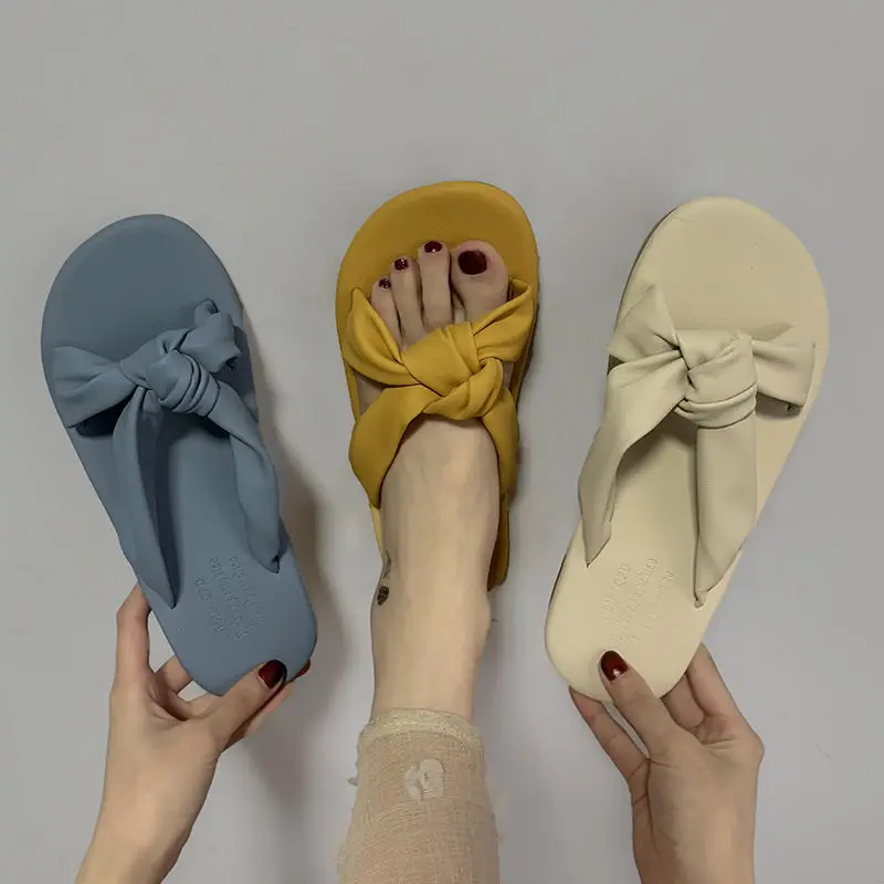 

Женские шлепанцы с бантом, сандалии на плоской подошве, с круглым носком, уличные пляжные Повседневные Удобные тапочки, лето 2024