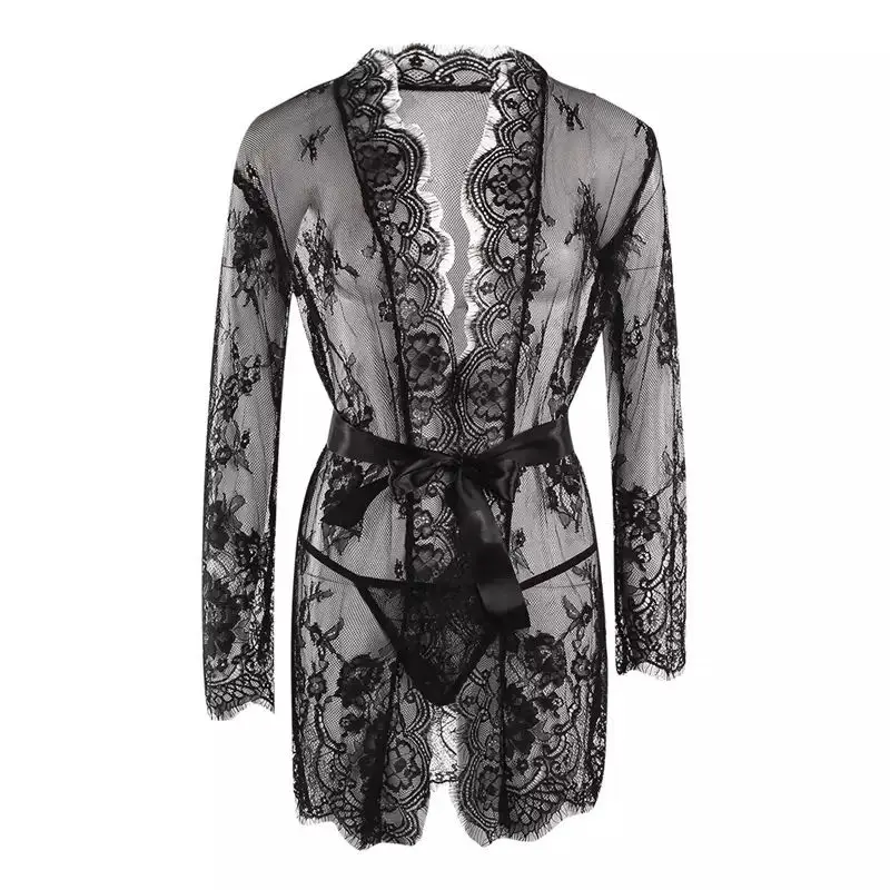 Ladies Sexy Lingerie Lace Pajamas Evening Dress Transparent Mesh Robe Underwear Solid Color Lace Bathrobe
