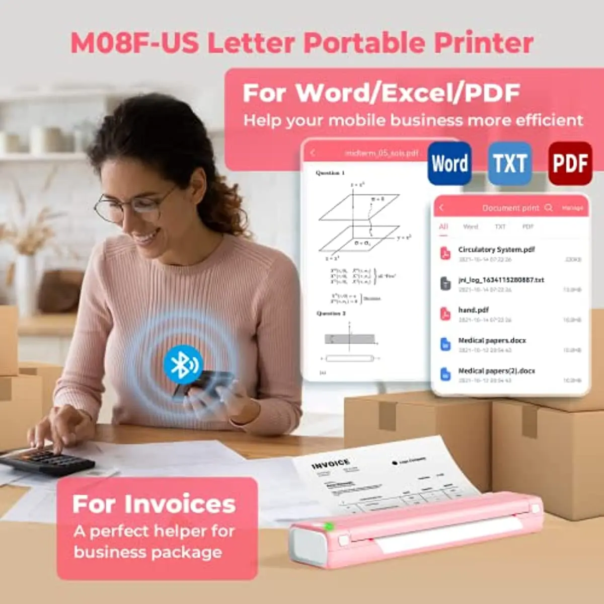 Portable Printers Wireless for Travel, Inkless Thermal Printer, M08F  Bluetooth Mobile Printer Support 8.5 X 11 US Letter, Compatible with  Android