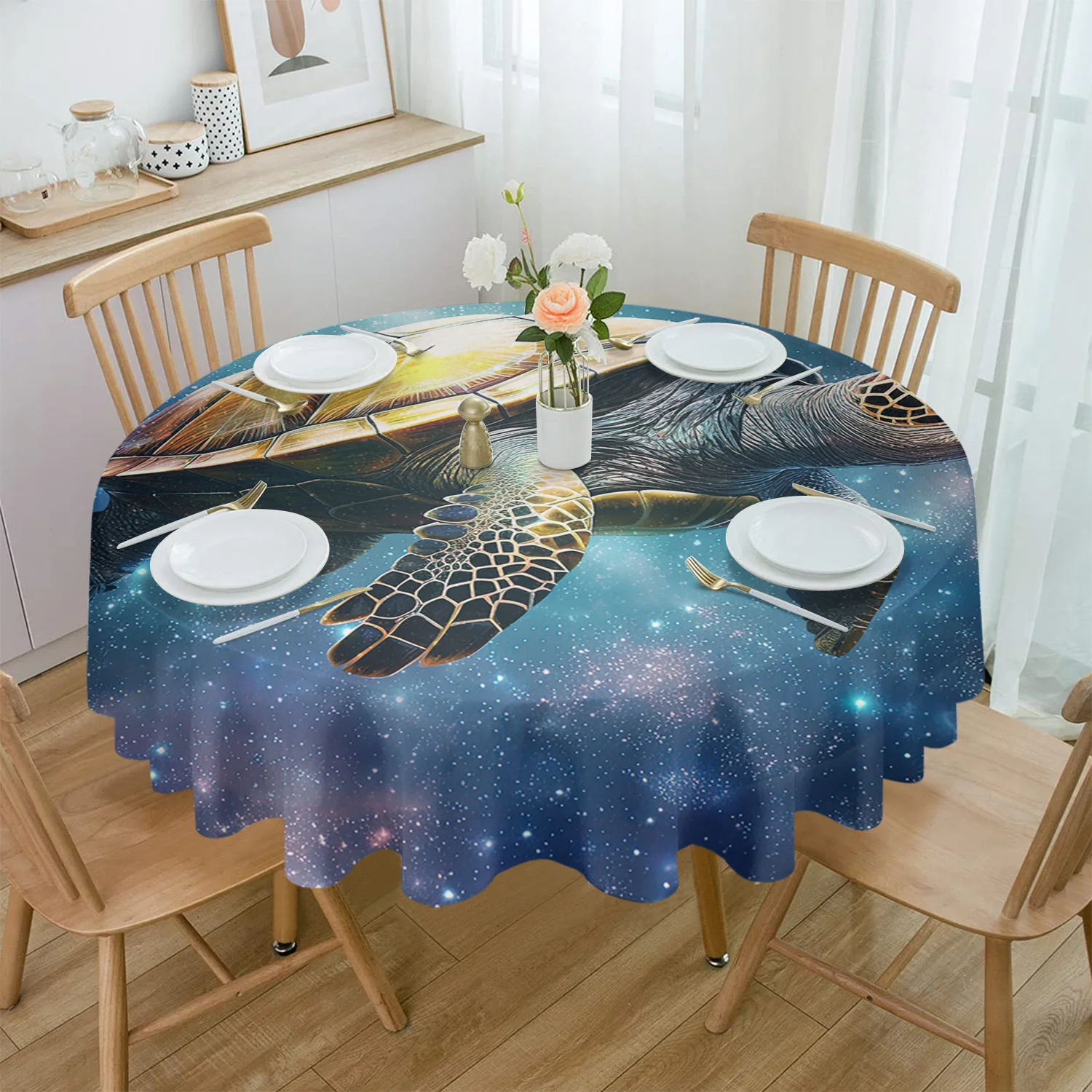 

Скатерть круглая водостойкая, с черепашками и звездами