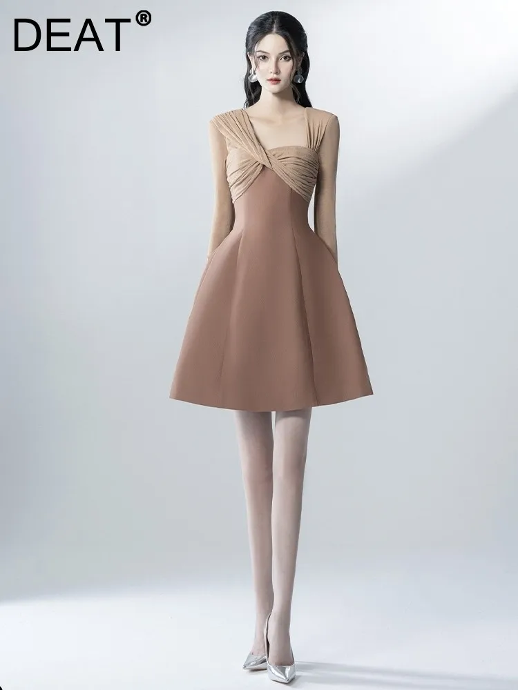 

DEAT Women's Fashion Knitted Dress Square Collar Long Sleeve Patchwork Medium Strech Casual Dresses Autumn 2023 New 13DB1862