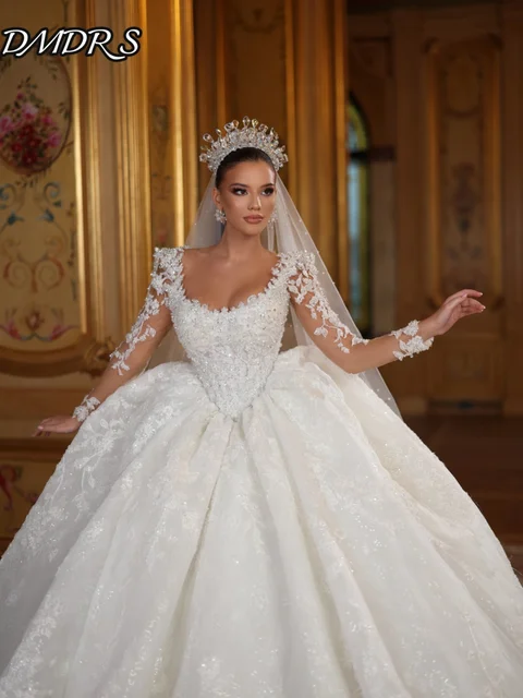 Charming Long Sleeve Bridal Gown 2025 Classic Applique Wedding Dress Shiny Elegant Beaded Floor-Length Gown Customized 1