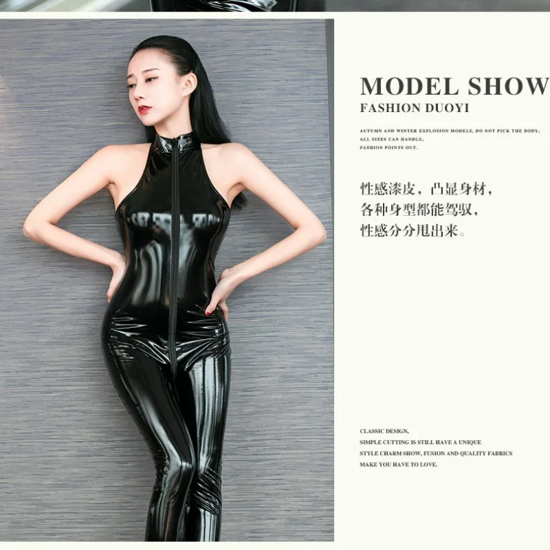 

PVC Shiny Leather Catsuit Women Sexy Slim Wet Look Jumpsuit Nightclub Stage Show Bodysuit Sleeveless Cosplay Leotard Clubwear