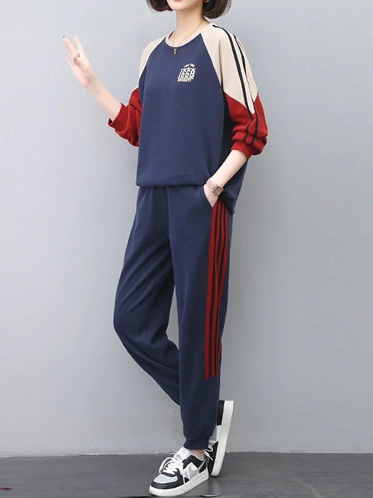 

Patchwork Sweatsuit Autumn Clothing Women Loose Sweatshirt and Pencil Pants Two Piece Set Female Outfits Thin Tracksuit