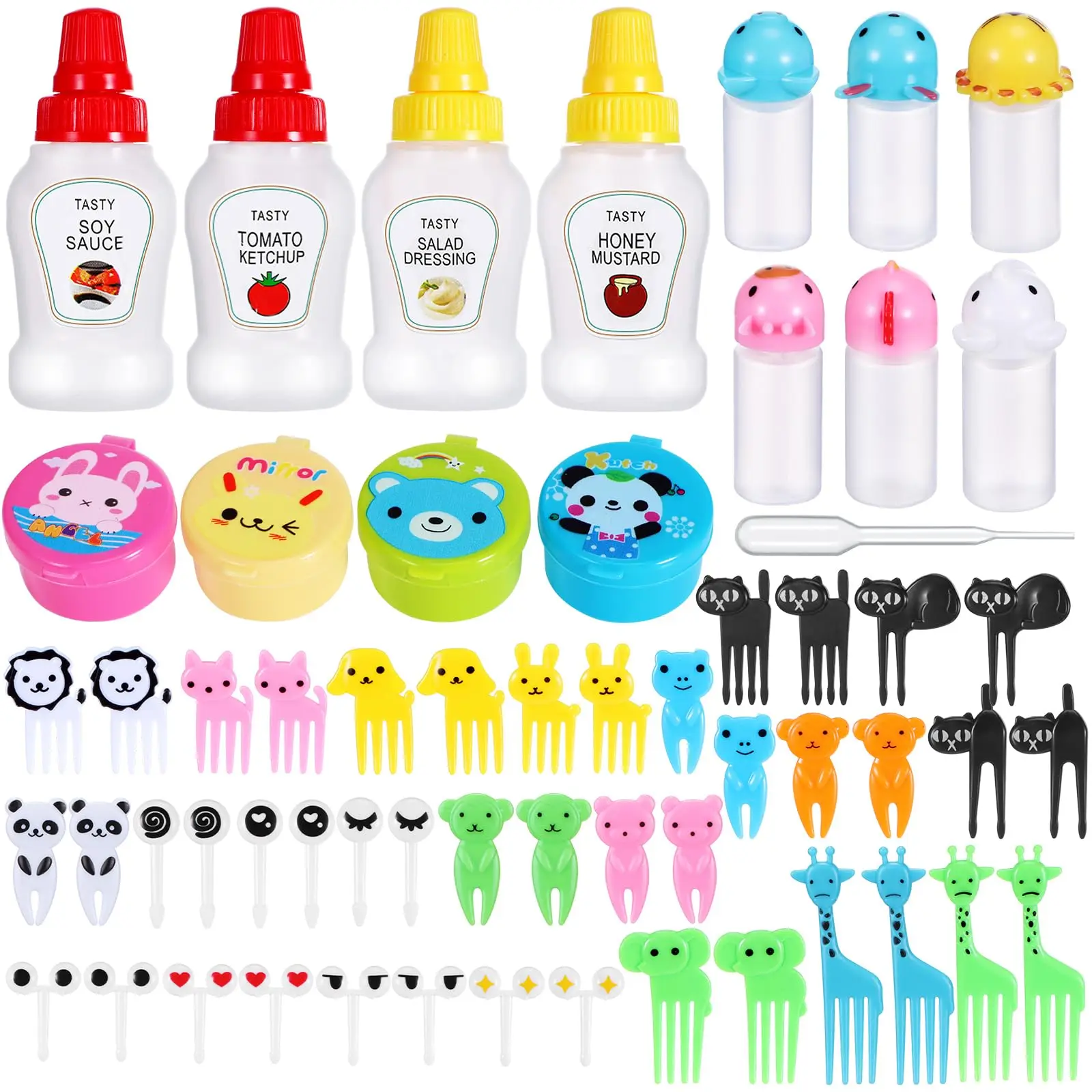 Description Picture 2 of itemCute Animal Fruit Forks For Kids Children Mini Food Picks With Sauce Bottles Cartoon Snack Toothpick Silicone Lunch Box Dividers