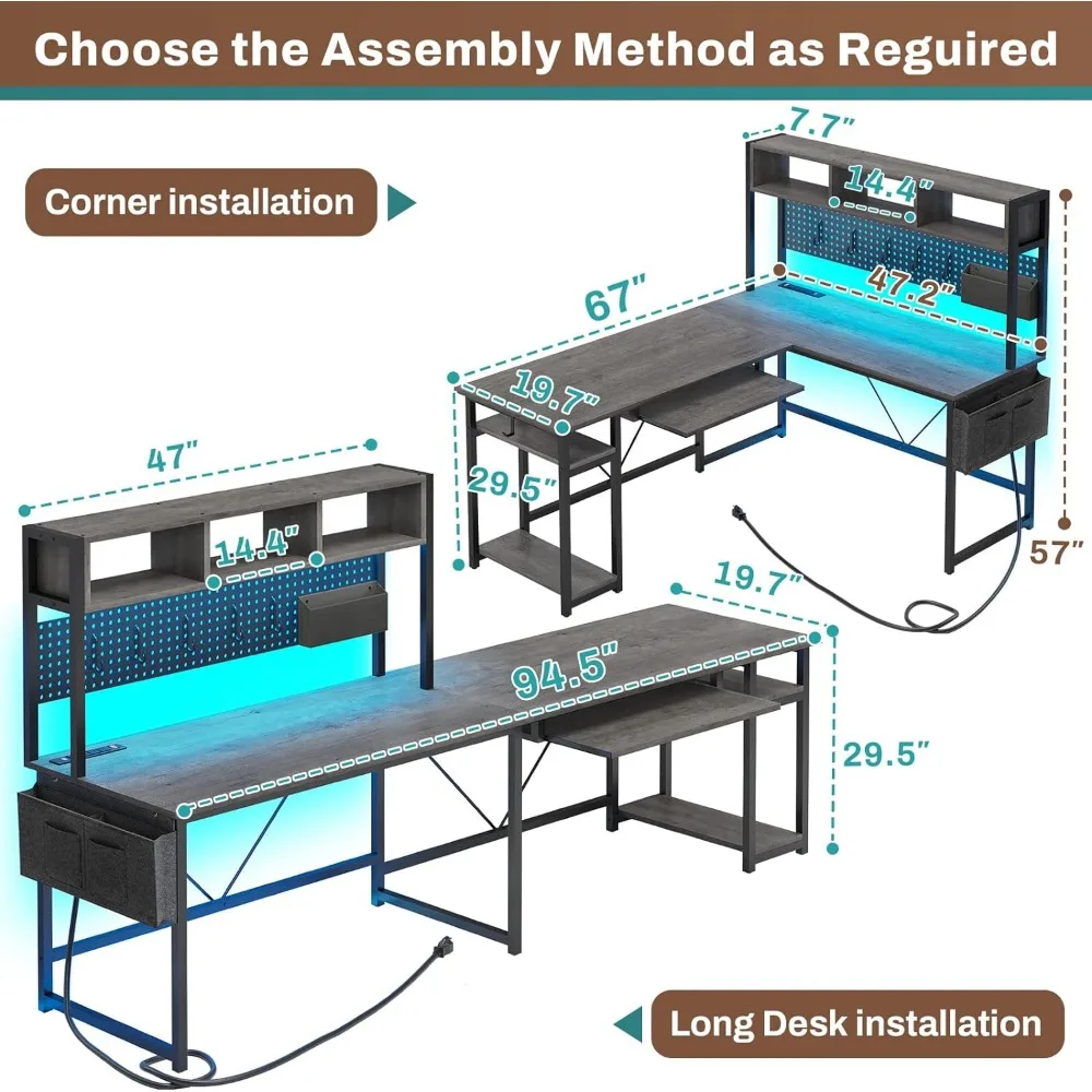 L Shaped Desk, 94.5 Inch Home Office Desk with Power Outlet & Pegboard, L Shaped Gaming Desk with LED light, Keyboard Tray 3