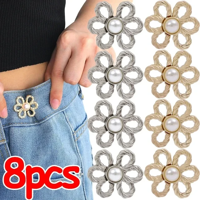 Detachable Pant Waist Tightener Pearl Flower No Sew Waist Buckles