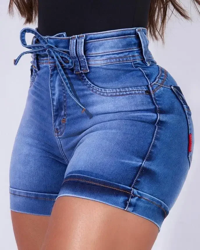 Casual High Waist Denim Shorts Pocket Zipper Tied Detail Design Above Knee Daily Women's Fashion Skinny Denim Short