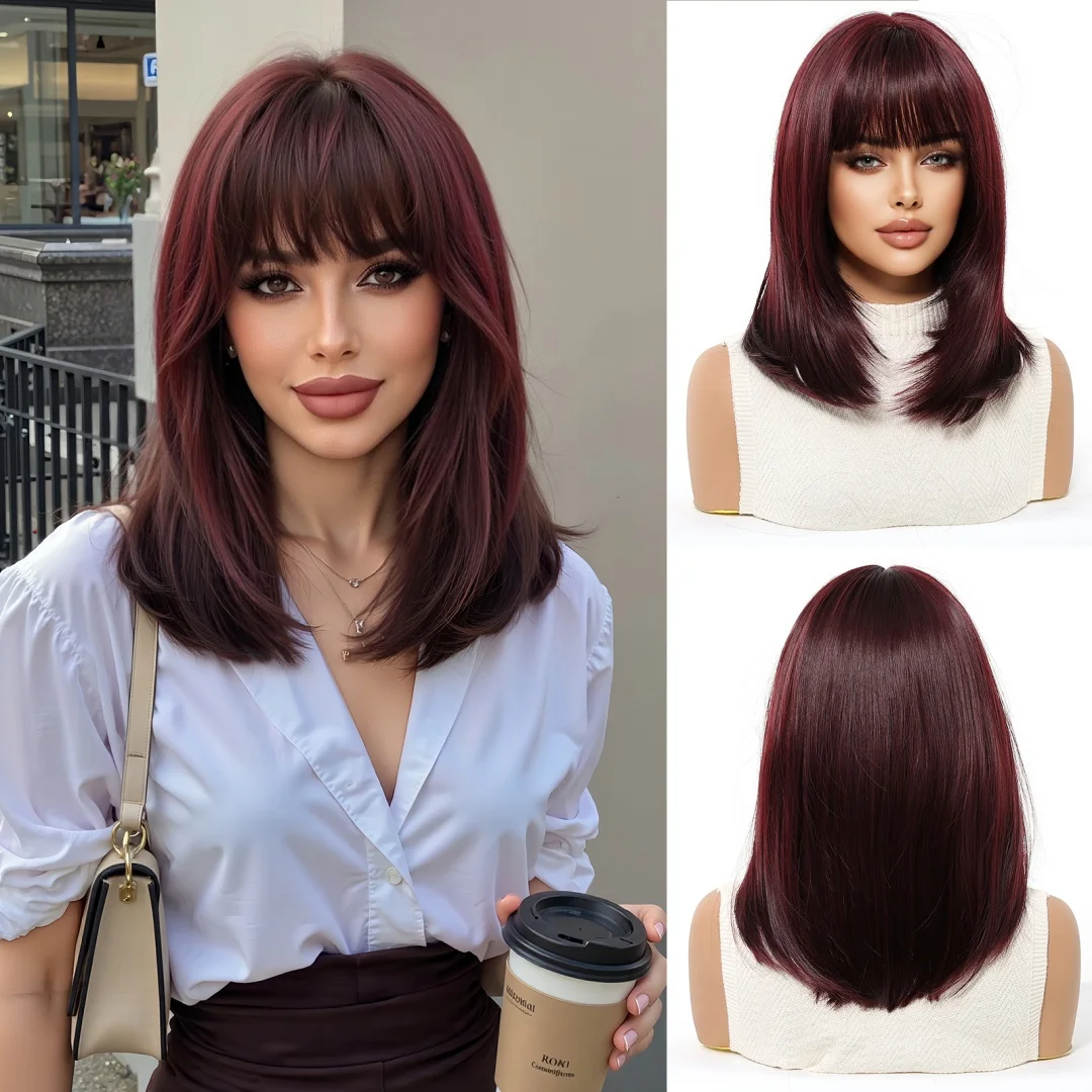 Blonde Straight Synthetic Wigs with Bang Medium Length Natural Hair Daily Cosplay Heat Resistant Fiber Wigs