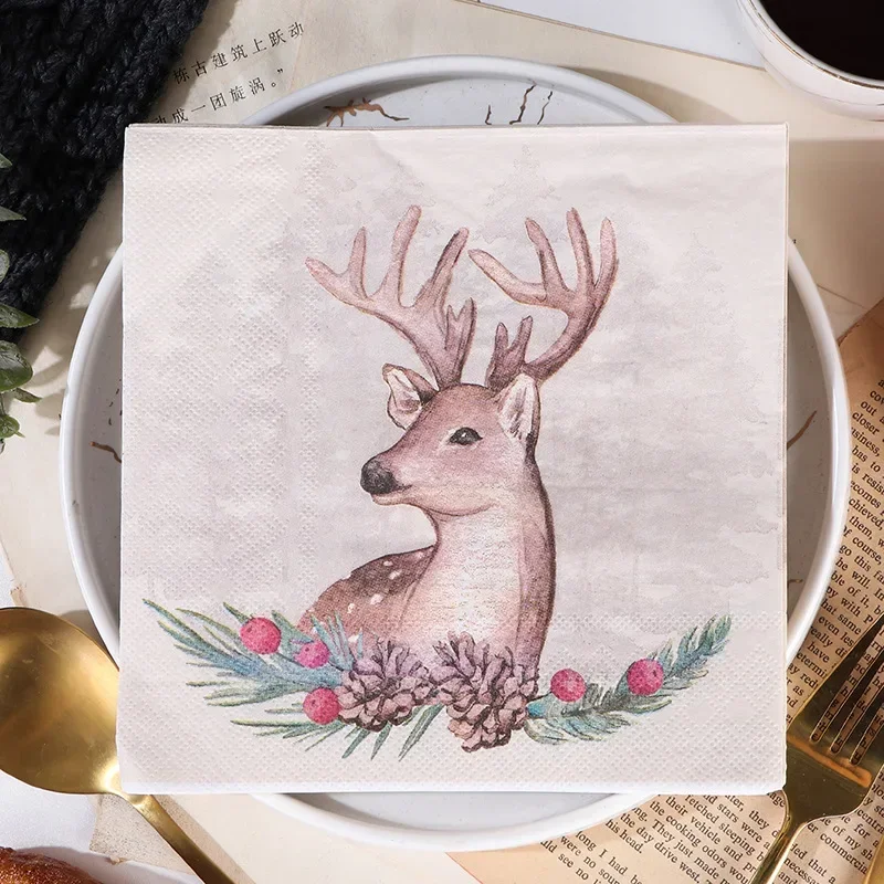 Painted Christmas Series Elk Disposable Printed Napkins Party Tissue Paper Square 10/20pcs 33*33cm