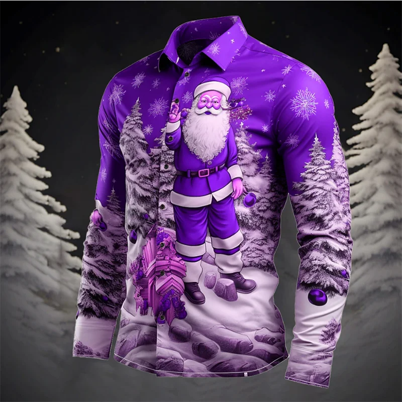 Santa Claus Christmas Tree Shirt Casual Men's Shirt Christmas New Year Long Sleeve Lapel Shirt Stretch Fabric Shirt S-6XL