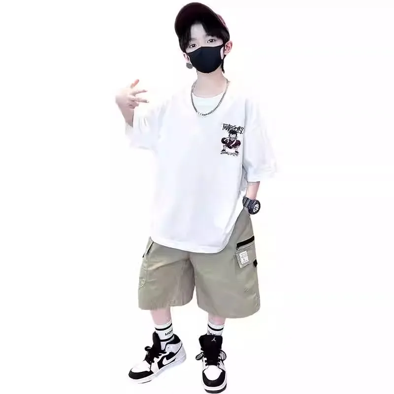 Boys Summer Short Sleeve Basketball Print T-Shirt Trendy Streetwear for Middle And Big Kids Cotton Material round Neck Design - 5