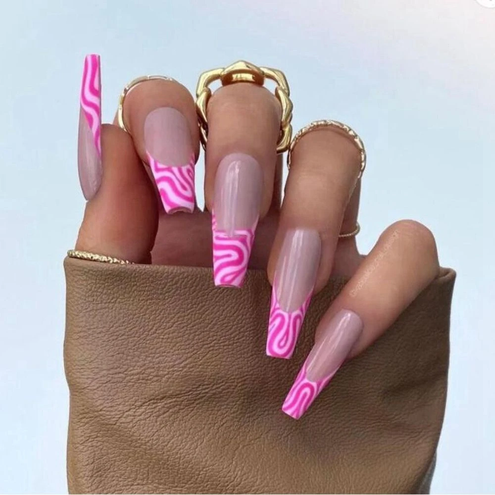 24pcs Pop Simple Pink White French Fake Nails Wave Wearing Long Coffin False Nails Press On Nail Tip Tools Nail Art Decoration Aliexpress