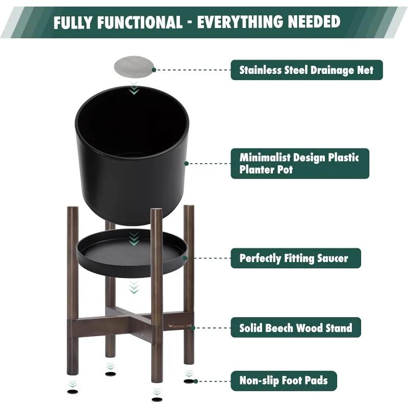 Planter Pot with Stand - 8 Inch Plastic Cylinder Flower Pot with Wood Planter Holder for Indoor, Matte Black Pot + 4