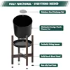 Planter Pot with Stand - 8 Inch Plastic Cylinder Flower Pot with Wood Planter Holder for Indoor, Matte Black Pot + 4