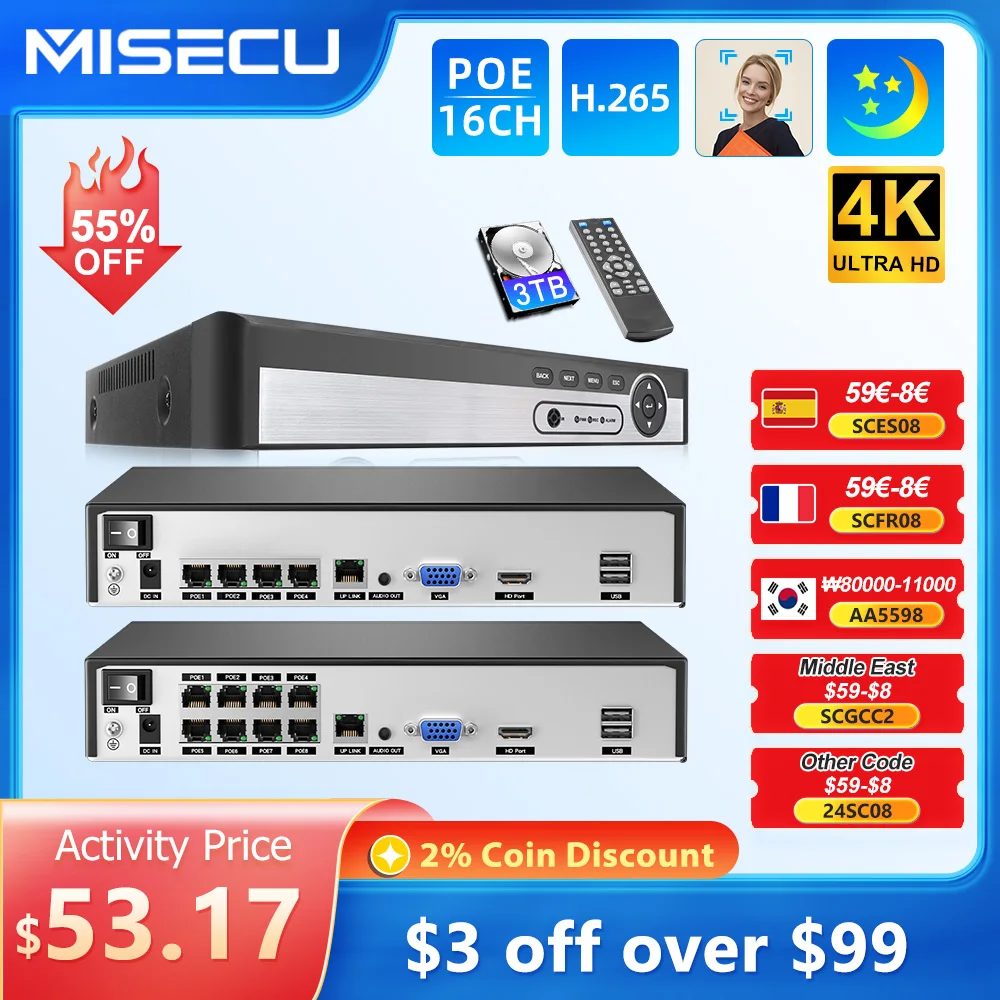 MISECU 4K 8CH/4CH POE NVR 8MP bezpieczeństwa wideorejestrator kamera IP wykrywanie twarzy kamery monitoringu CCTV System, że POE kamera IP