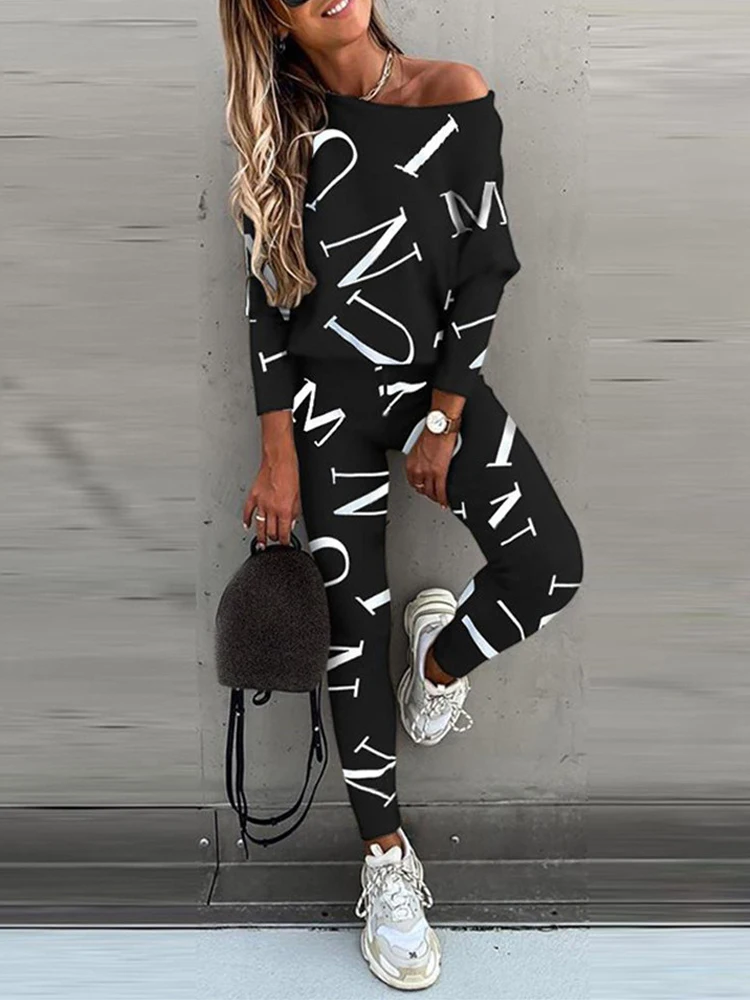 

Fashion Letter Print 2 Piece Set for Women O-Neck Long Sleeve Letter Print Casual Loose Pullovers Top+Elastic Slim Pencil Pants