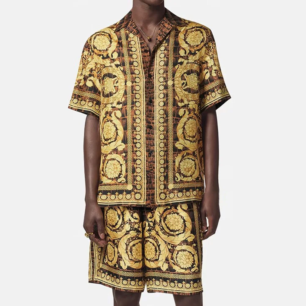 

NIGO Men's Summer Printed Short Sleeve Single Breasted Silk Fitted Shirt Shorts Ngvp #nigo6856