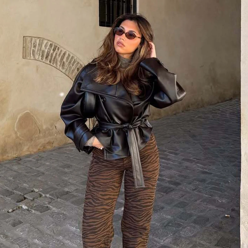 Street Women's Cropped Leather Jackets With Belt Lapel Double Breasted Pocket Long Sleeve Coat Spring Lady Vintage New Outerwear