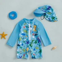 0-5Years Kids Boy Rash Guard Swimsuits Shark Print Long Sleeve Half Zip-up Bathing Suit with Sun Hat 2 Pcs Swimwear for Toddler 1
