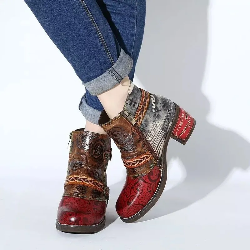 Women Ankle Boots Fashion Vintage Splicing Printed PU Leather Retro Block High Heels Zipper Big Size