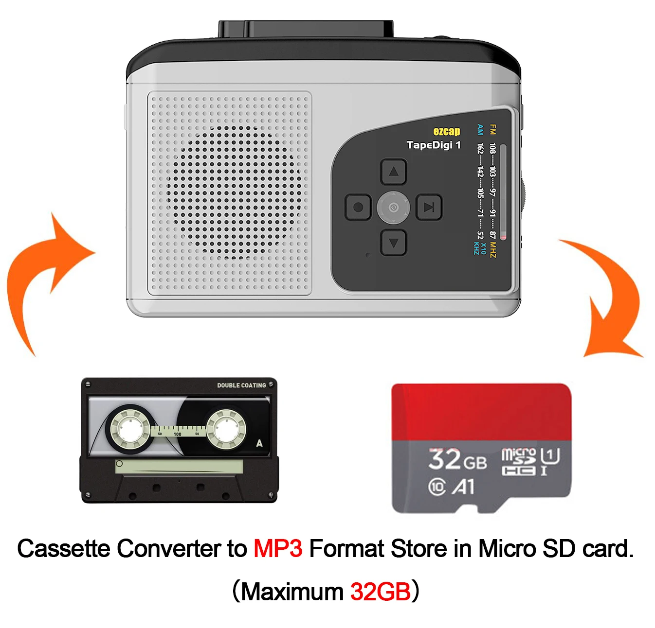 Ezcap Lettore Di Cassette Walkman Multifunzione Originale Con Radio Am/Fm, Convertitore Da Cassetta A Mp3 Salva Su Scheda Tf, Nessun Computer Necessar