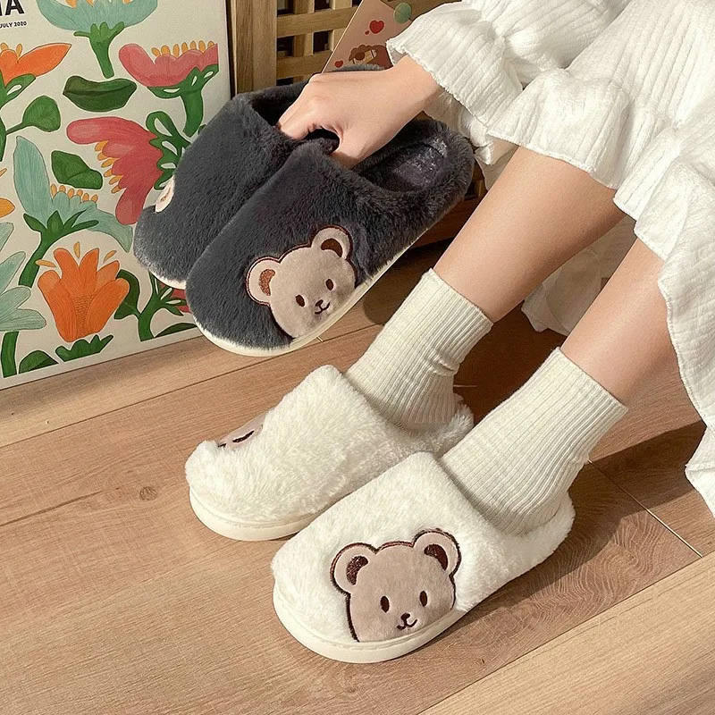 Winter Cartoon Bear Slippers Women Men Fashion Cute Fluffy Slippers Winter Warm Lovers Fur Casual Confinement ShoesTG03 3