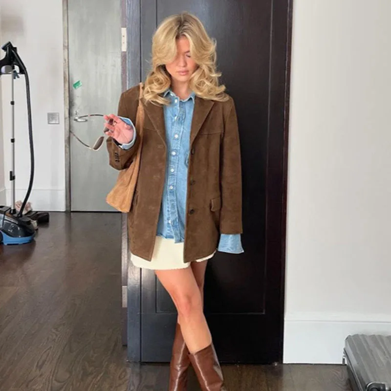 Vintage Brown Blazer Women Suede Leather Jacket Autumn Fashion Single Breasted Lapel Loose Coats Street Office Lady Outerwears 3