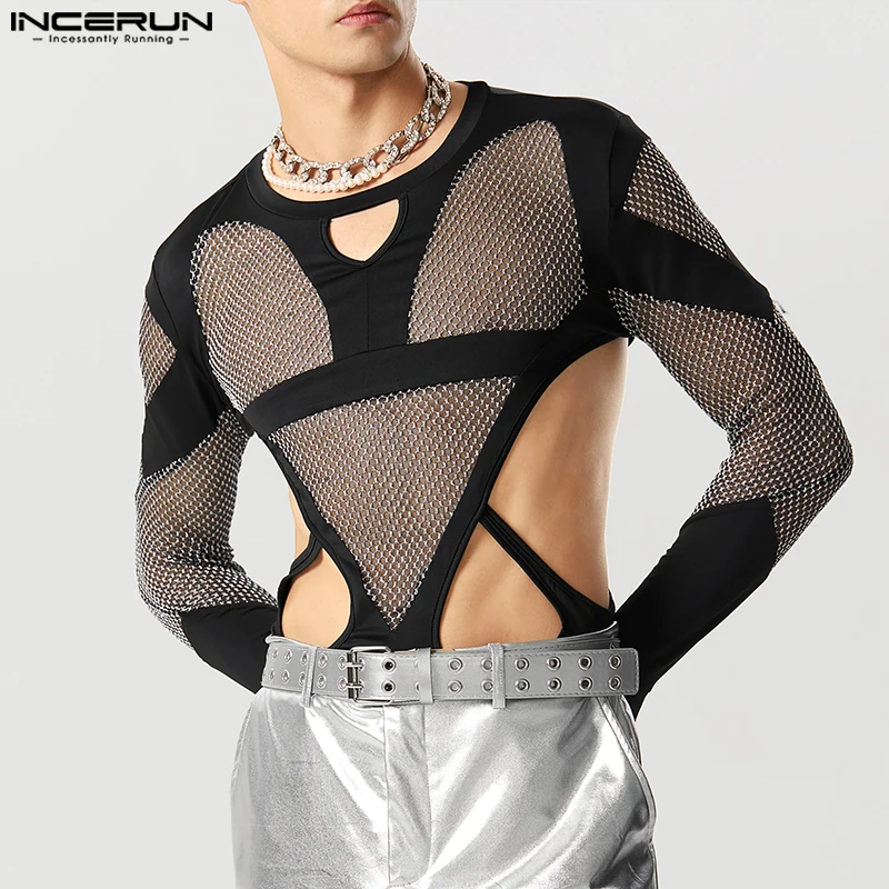 INCERUN Sexy Men's Jumpsuit Flash See-through Mesh Hollow Deconstruction Design Bodysuits Triangular Long Sleeved Rompers S-5XL