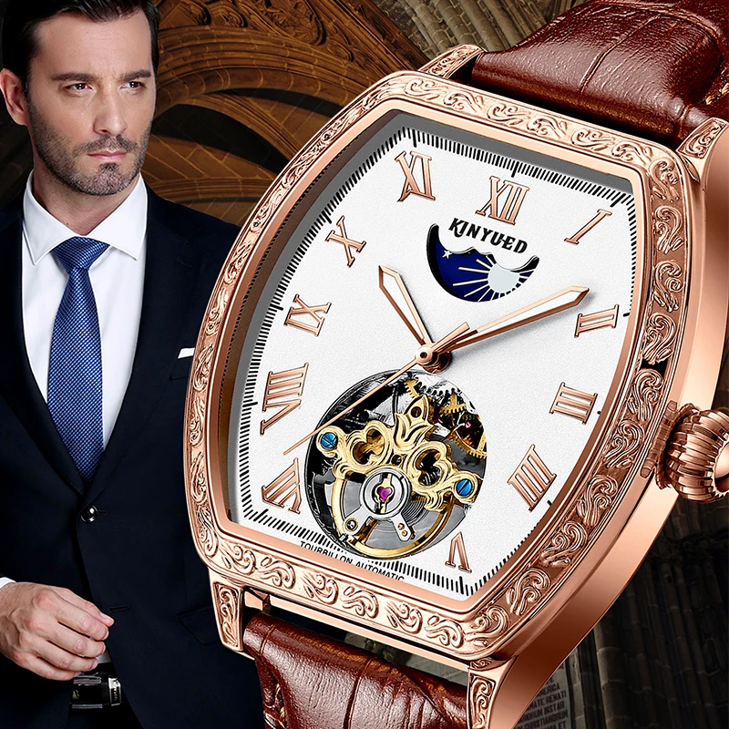 

Kinyued New Man Multifunctional Watch Luxury Business Carved Mechanical Waterproof Luminous Leather Strap Men's Wristwatch