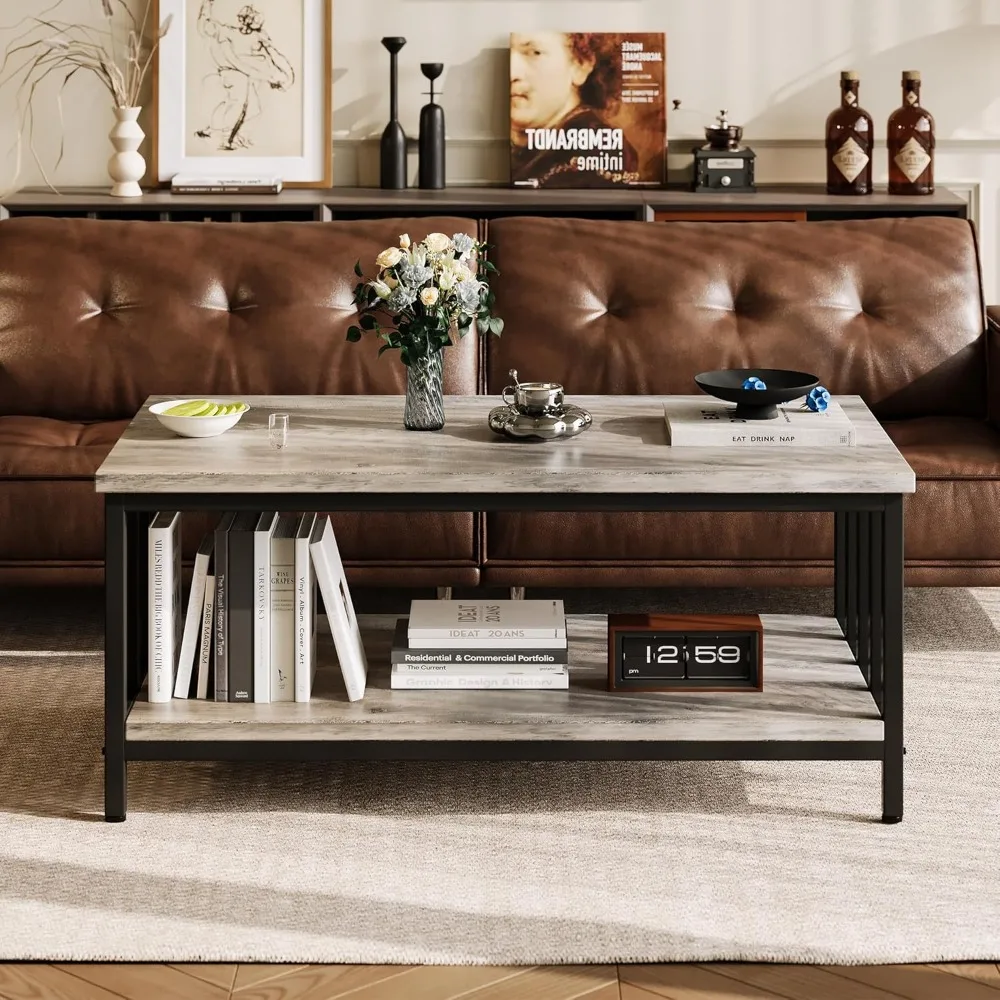 Coffee Table for Living Room with Slatted Sides Frame,Modern Farmhouse Table with 2-Tier Storage Shelf for Home Office 2