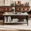 Coffee Table for Living Room with Slatted Sides Frame,Modern Farmhouse Table with 2-Tier Storage Shelf for Home Office 2