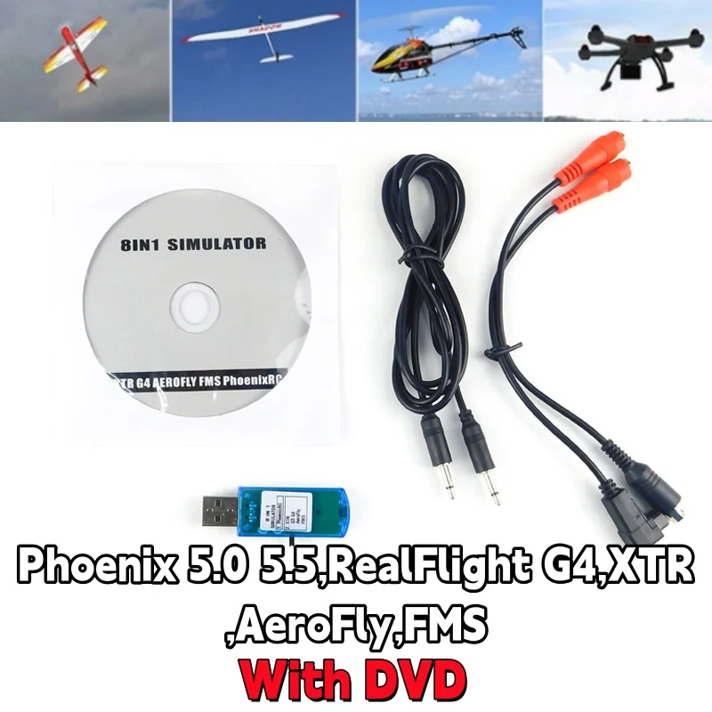 Détail du câble simulateur USB 8 en 1 FS-SM106 montrant les prises Jack et les adaptateurs pour apprentissage pilotage RC