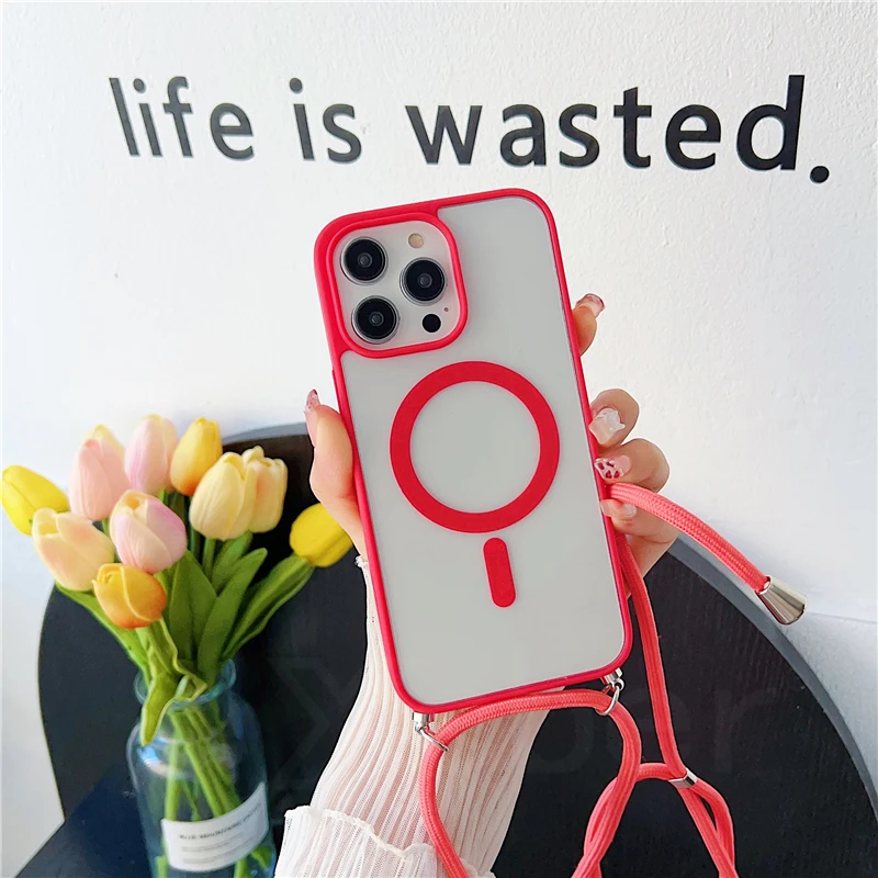 Crossbody Lanyard Strap MagSafe Transparent Case For iPhone 15 Pro Max 14 13 Necklace Rope Magnetic Wireless Charge Hard Cover
