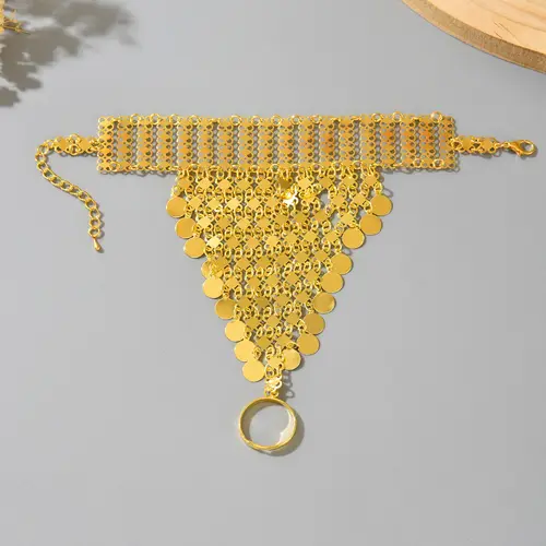 A Retro Ethnic Style Metal-Gilded Hollow-Carved Round Pendant Tassel Personalized Design Finger Chain - Image 3