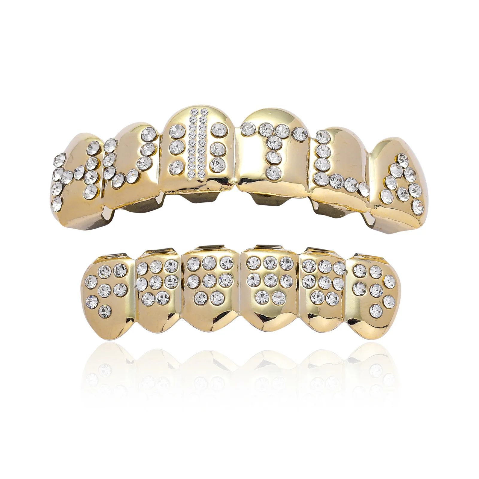 

Hiphop Iced Out Zircon Letter Teeth Grills for Men Body Piercing Jewelry CZ Tooth Grillz 8/8 Top Bottom Cap Set Gold Plated
