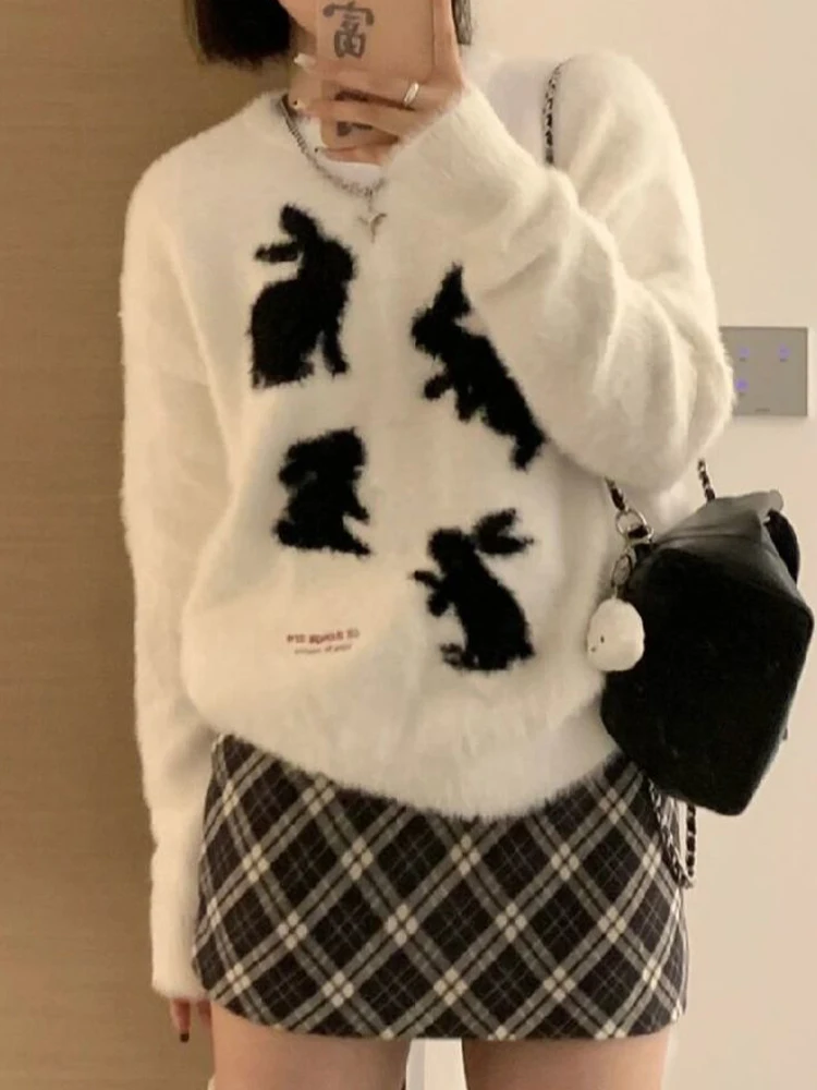 

Женский вязаный пуловер с длинным рукавом, белый Повседневный Свободный пуловер составного кроя в японском стиле с кроликом, Y2k, Осень-зима