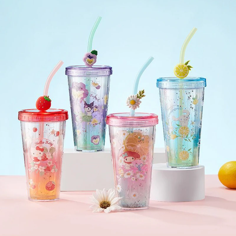 Cartoon Kawaii Fashion Kuromi Hellokitty Colorful Sparkling Flower Trasparente Sippy Water Cup Drink Direttamente Bottle Girl Gift
