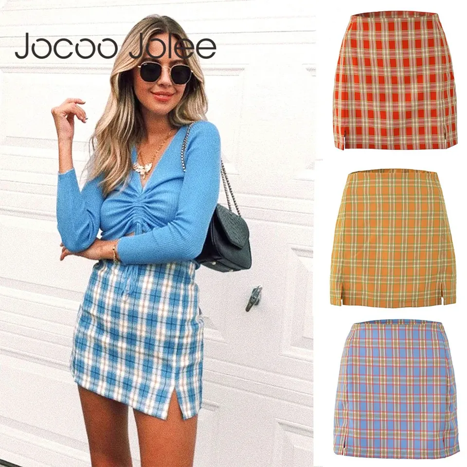 Jocoo Jolee Women Fashion Cotton Plaid Bodycon Skirt Spring Europe Style Split Elegant Chic Skirts High Waist Wild Bottom