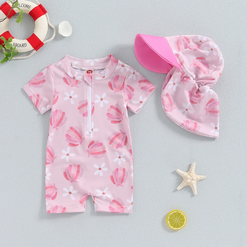 Baby Girl Rash Guard Swimsuit Short Sleeve Scallop Shell Print Bathing Suit Infant Swimwear with Sun Hat 2 Pieces Set 1