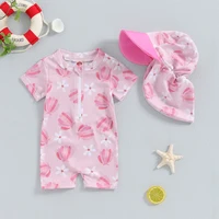 Baby Girl Rash Guard Swimsuit Short Sleeve Scallop Shell Print Bathing Suit Infant Swimwear with Sun Hat 2 Pieces Set 1