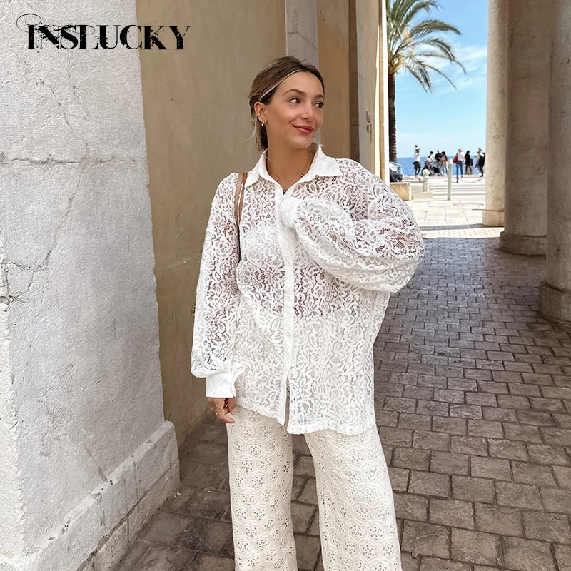 

InsLucky Sexy Chic See Through Lace Shirt Women Turndown Collar Long Sleeve Button Cardigan Slim Office Lady Shirt Solid Tops